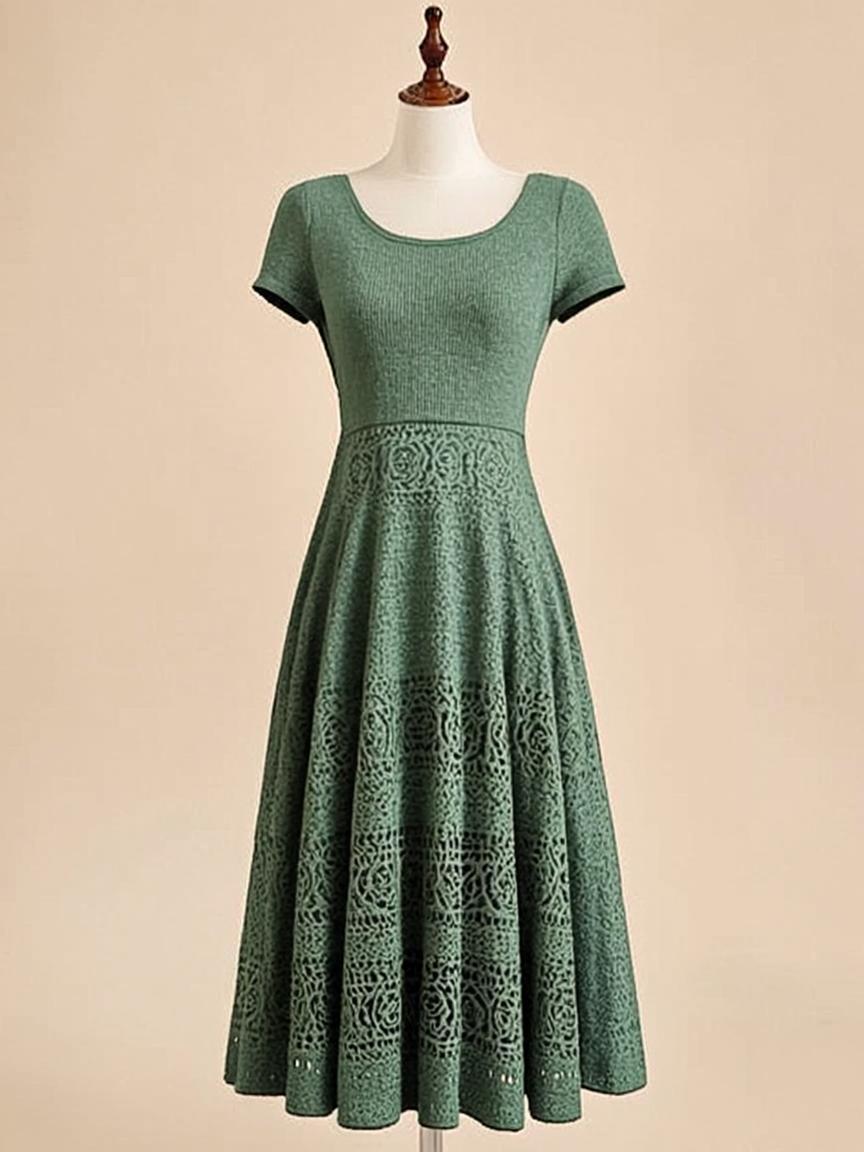 An A-line dress with delicate pointelle knit in a calm sage tone.