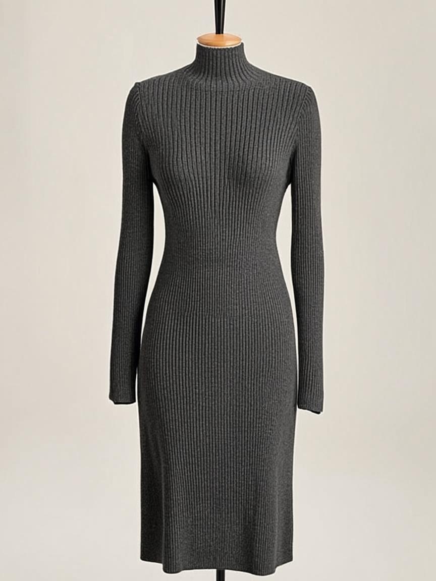 A fitted dress with a funnel neck and sculptural rib. The perfect base for office and evening.
