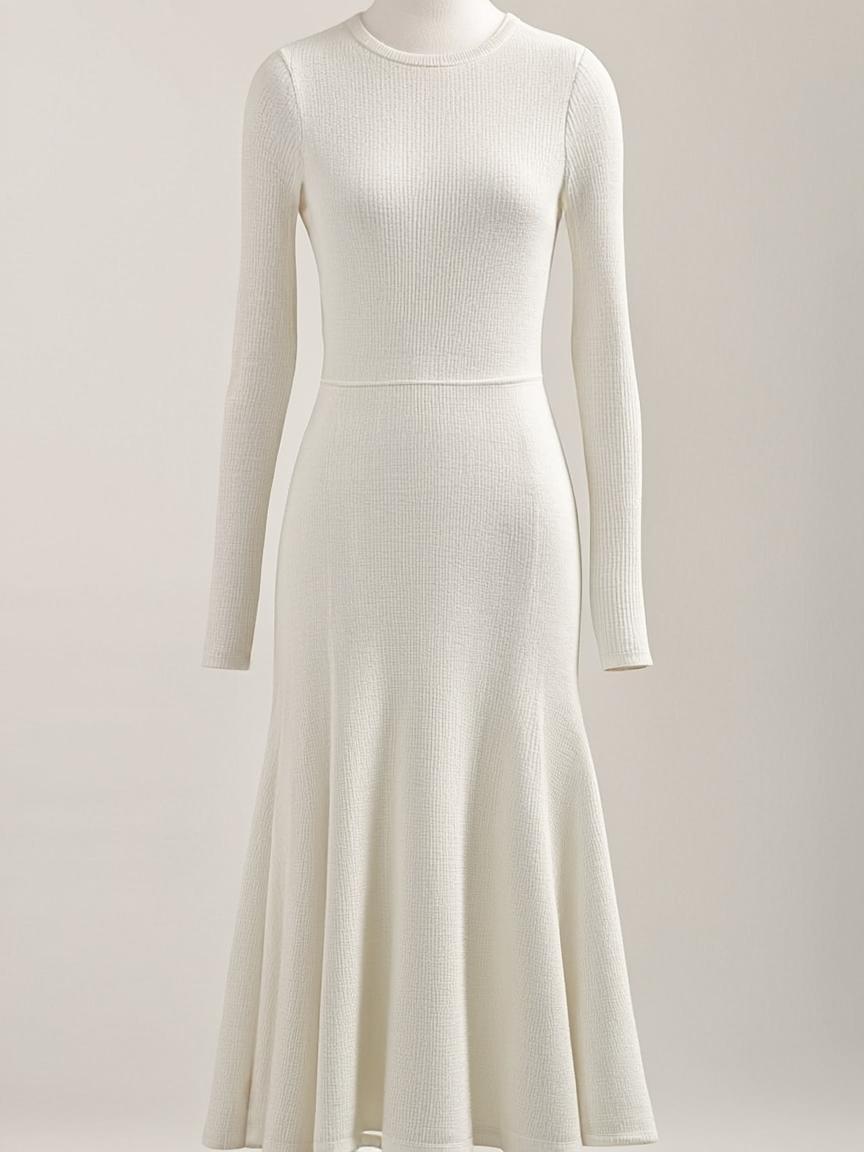 A mid-length knitted dress with a soft bodice and flowing skirt. Fine rib knit flatters the silhouette while the cashmer