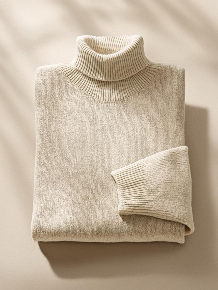 A fluffy cashmere turtleneck. Warmth without weight.