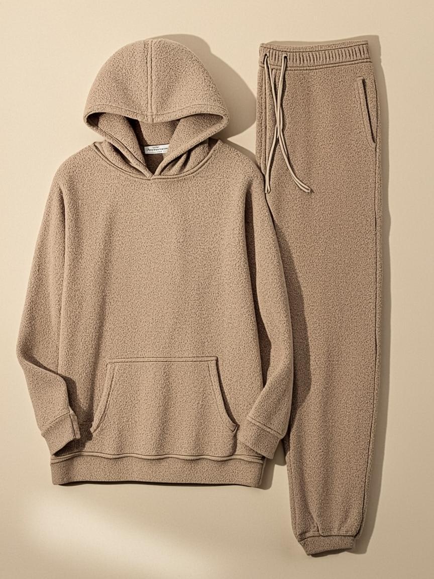 A lounge-travel set with a hood: soft, breathable, with pockets.